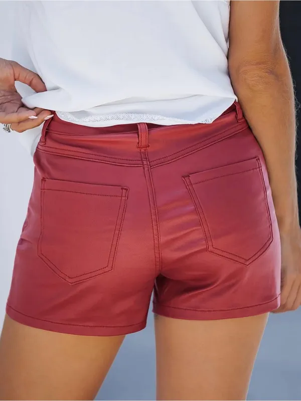 High-Rise Faux Leather Shorts in Wine Red - Image 2
