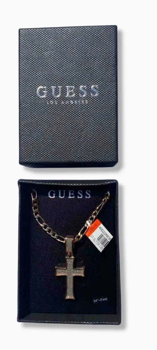 ⚜️✝️ NWT Guess Gold Plated Silver Glitteresque Effect Crucifixrion Cross Pendant Figaro Chain Necklace ✝️⚜️ - Image 2