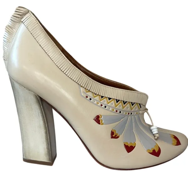 Tory Burch Yuma Fringe Feather Heel 7.5 Folk Art Block‎ Pump - Image 7