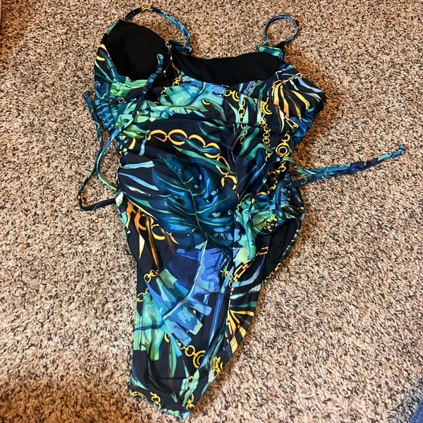 Tropical One Piece Swimsuit Chain Detail Ruched Tie Side Bathing Suit‎ L - Image 2