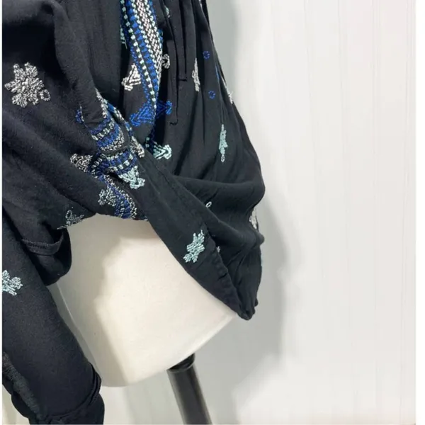Free People Stargazer Mini Dress Embroidered V-Neck Tie Waist Black Blue Small - Image 11