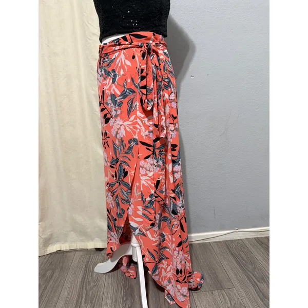 bebe Maxi Skirt Size 8 Coral Floral Wrap High Low Tropical Summer Tie Waist - Image 6