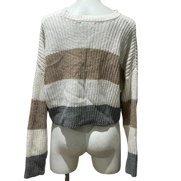 Moon & Madison Sweater Womens L Cream Tan Gray Colorblock Cropped Pullover - Image 2
