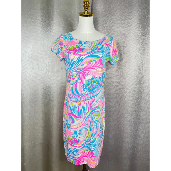 Lilly Pulitzer Pink Blue Floral Shift Dress Short Sleeve Knit Boat Neck Size M - Image 3