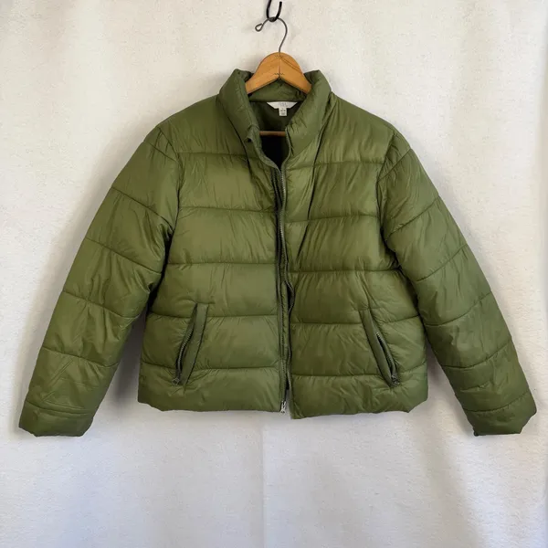 Puffer Jacket Green Quilted Crop Full Zip Mock Neck‎ Womens Size Large Winter - Image 4