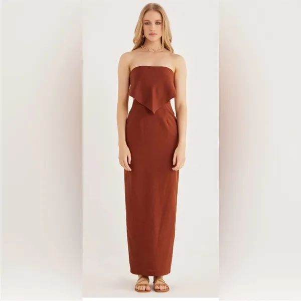 Revolve Rumer Roam Bandana‎ Maxi Linen Chocolate Brown Cutouts Dress Med NWT - Image 3