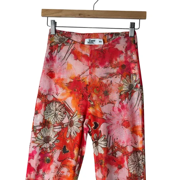Tiger Mist Floral Mesh Flare Pants XS Red Orange Bell Bottom Y2K Retro Costume - Image 3