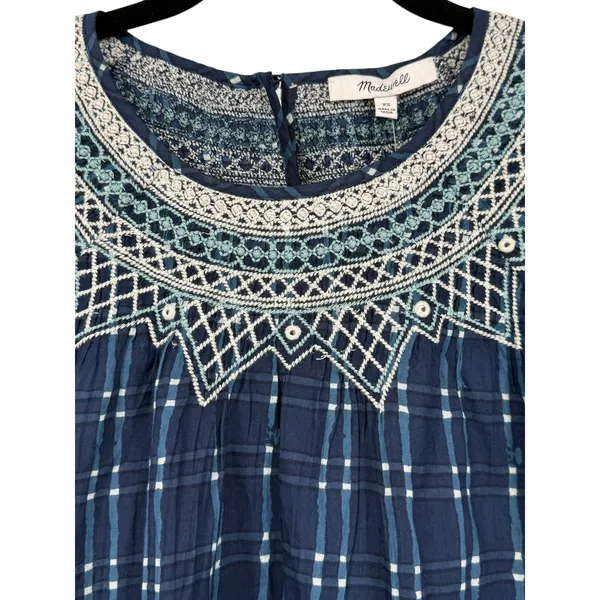 NWT Madewell Embroidered Puff-Sleeve Babydoll Dress Indigo Plaid Size XS Preppy‎ - Image 8