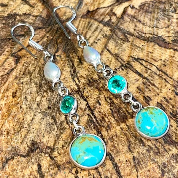 Stabilized Turquoise & Pearl Earrings 2 1/4” - Image 2