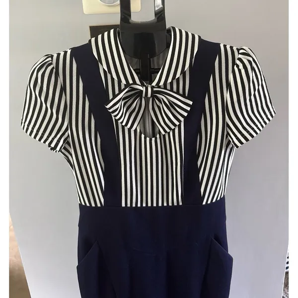 VFemage Women's black white strip navy blue vintage-style‎ sailor dress Size 12 - Image 2
