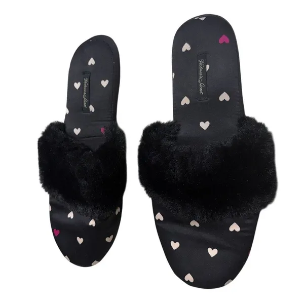 Victoria's Secret Satin Slippers House Shoes Hearts Fuzzy Black Size Large - Image 2