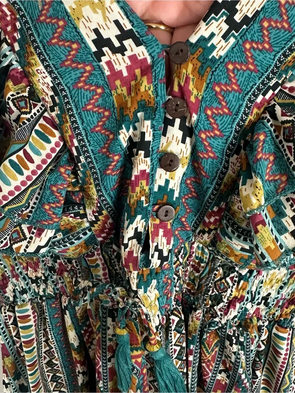 Boemo Ruffle Hem Mini Aztec Geometric Print Dress Flutter Sleeve Size Large NWT - Image 7