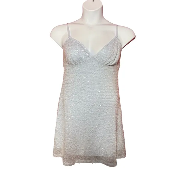 No Boundaries Silver Sequin Mini Dress Women Medium 8-10 V-Neck Party‎ - Image 6