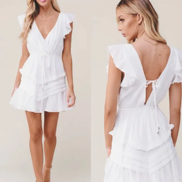 SAINTS & SECRETS White Ruffle Dress Waist Tie Open Tie Back Flutter Sleeve~M💚 - Image 13