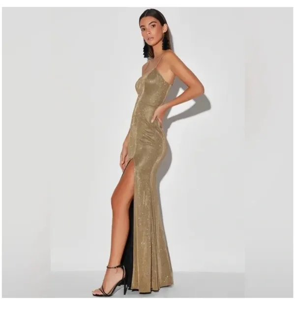 Lulu’s Searching for you gold metallic glitter maxi dress - Image 2