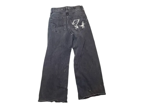 American Eagle Hand Painted Wide Leg Jeans 4 Short *Black Denim* Y2K Grunge - Image 2