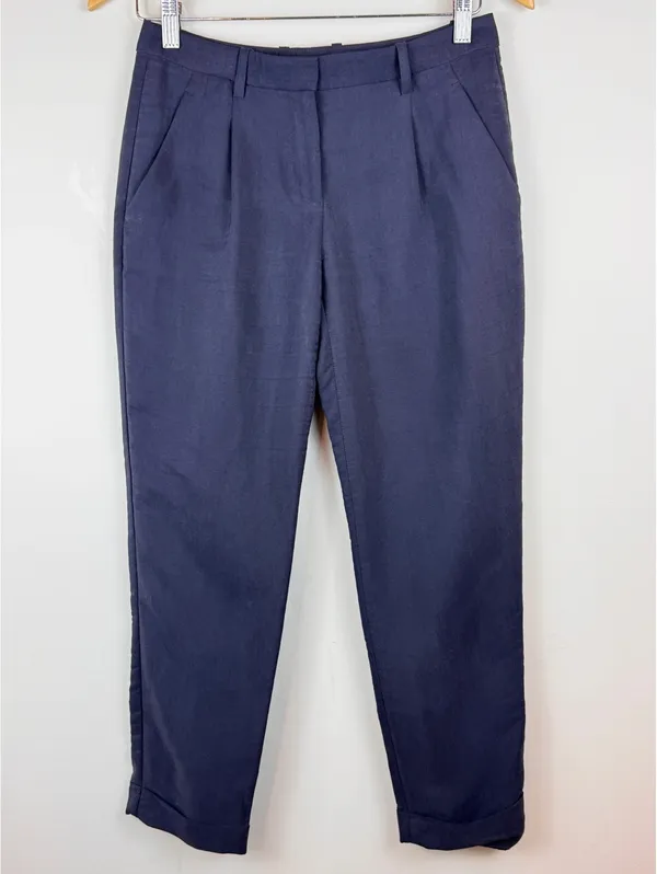 Theory Gil Faxon Navy Silk Blend Pleated Tapered Pants Size 00 Made USA - Image 2