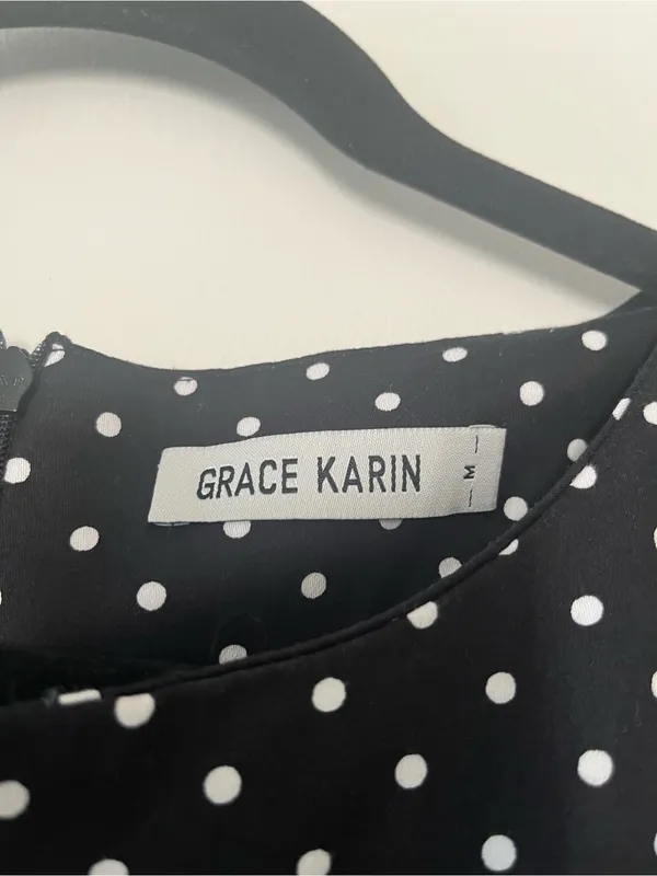 Grace Karin Black White Polka Dot Fit & Flare Midi Dress Medium Office Work Modest Church - Image 2