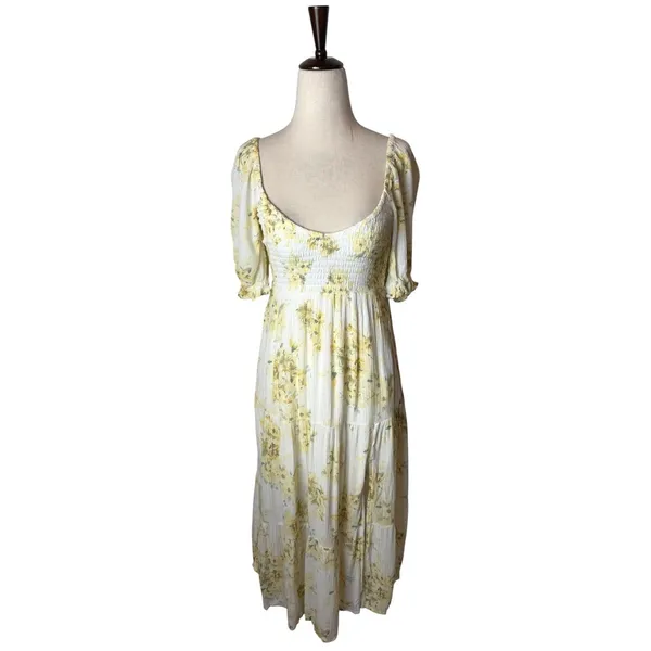 Abercrombie & Fitch Midi Dress Women XS Yellow Floral Smocked Boho Cottagecore - Image 2