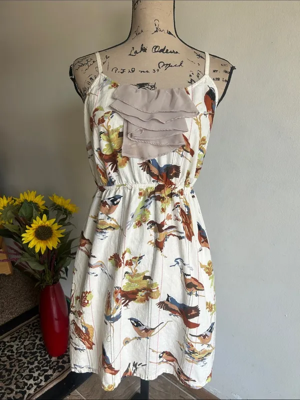 Anthropologie Eloise Bird Print Mini Length Boho Dress Size Small - Image 4