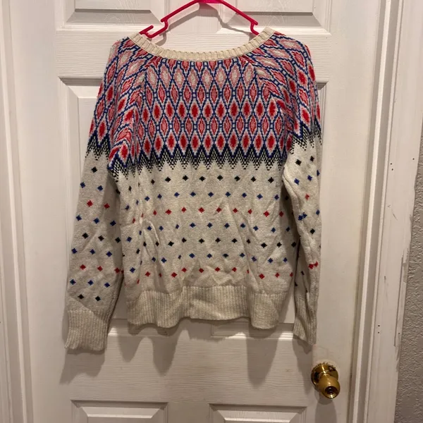 American Eagle Fair Isle Metallic Knit Sweater Womens Large Cream Red Blue L - Image 4