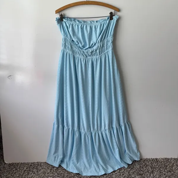 Eyelet Maxi‎ Dress Strapless Ruffle Trim Smocked Blue Dress Size M - Image 5