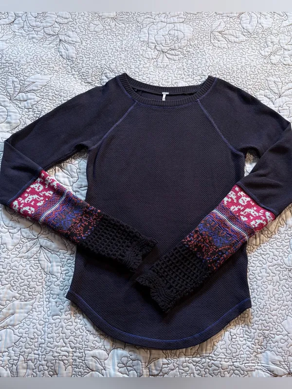 Free People Mixed Up Cuff Thermal Top Waffle Knit Boho Pattern Knit Cuff Sz S🧡 - Image 3