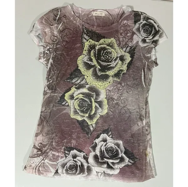 Miss Edge Gray Grey Rose Floral Diamond Studded Lace Short Sleeve T-Shirt Top Blouse Tee Size S 🌹✨ - Image 2