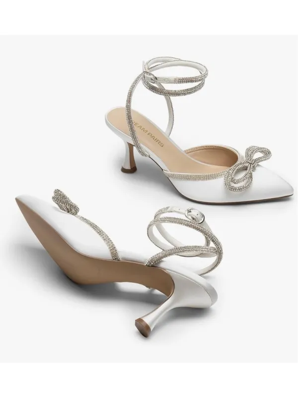 Dream Paris NEW White Wedding Kitten Rhinestone Bow Ankle Strap Closed 2.76”Heels - Image 10
