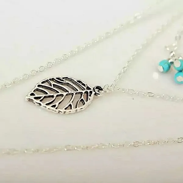 NEW Boho‎ Silver Multilayer Turquoise Leaf Necklace - Image 7