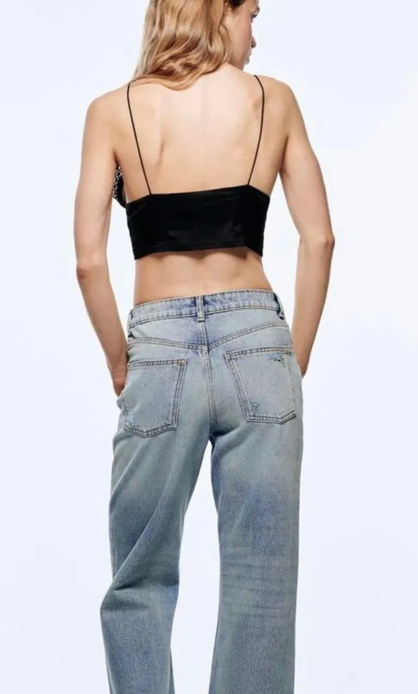 ZARA Black Combined Satin Lace Trim Cropped Bralette Top - Image 4