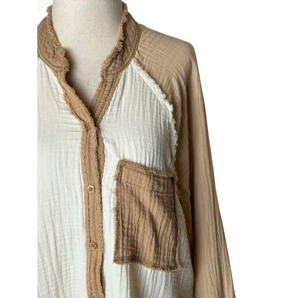 Aerie Gauzy Coverup Shirt Women‎ XS Tan Ivory Colorblock Cotton Oversized - Image 7