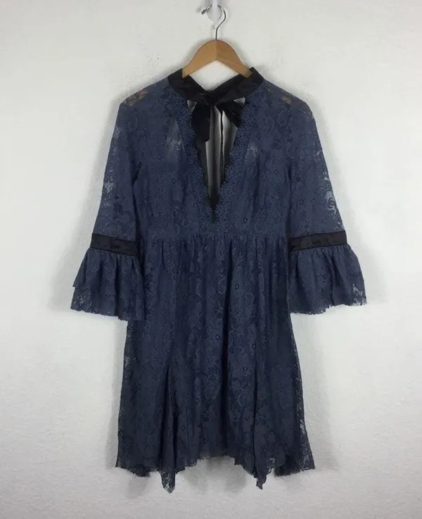 NWT Free People Gilded Lace Victorian Dusty Blue Bow Tunic Mini Dress Small - Image 3