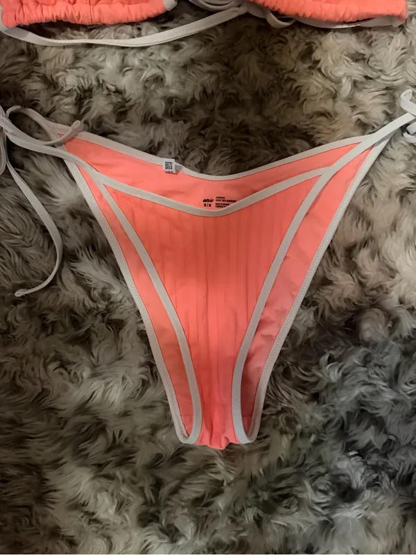 Aerie Coral Ribbed Triangle Bikini with White Trim - Image 7
