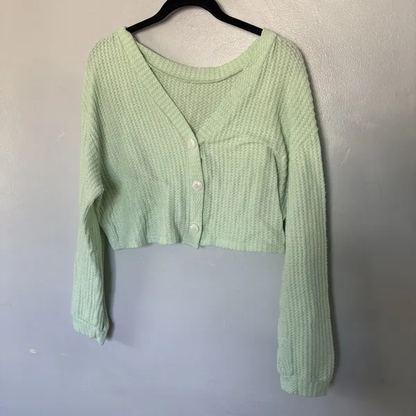 Shein Mint Green Waffle Knit Cropped Button Cardigan Sweater 1XL - Image 2