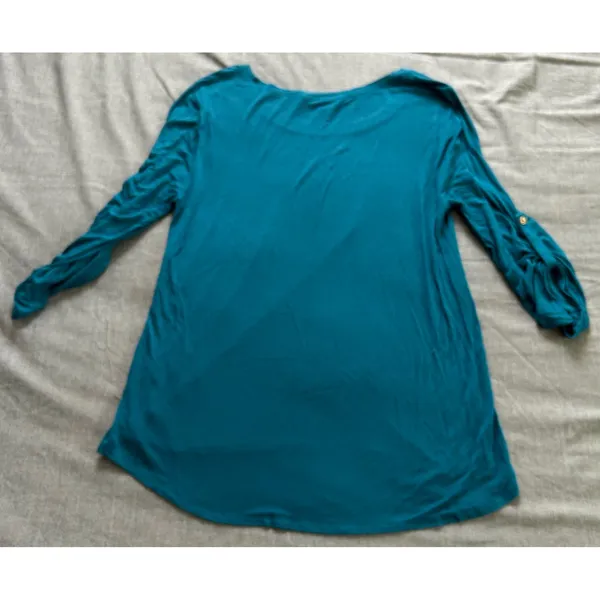Cable & Gauge Teal Blue Ruched Button Tab Sleeve Scoop Neck Top Large - Image 14
