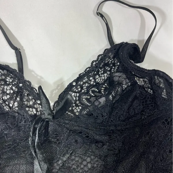 Black Lace & Mesh Net Chemise Nightgown with Ribbon & Rhinestone Sz S‎ NEW - Image 7
