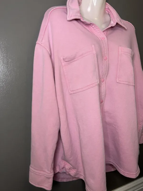 Aerie Shirt Womens XS Pink Terry Button Up Collared Long Sleeve Pocket Top - Image 4