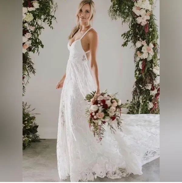Ryanth Long Lace Wedding Dresses Bride Simple Beach Dress Train Boho Bridal - Image 5