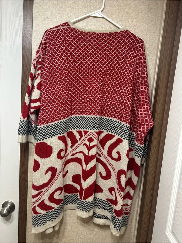 Women’s Open-Front Patterned Cardigan Sweater in Red and Cream - Image 3
