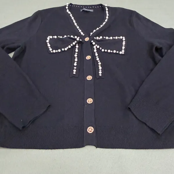 Adrianna Papell Black Pearl Rhinestone Bow Cardigan Sweater Gold Buttons Large - Image 2