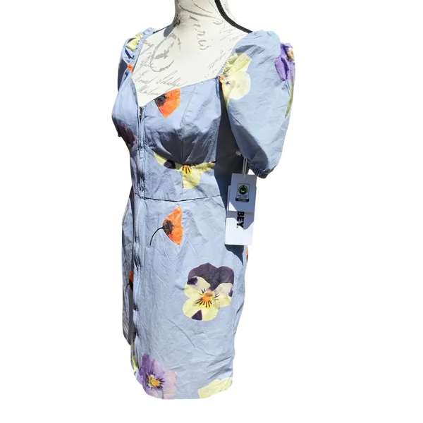 Obey NWT Redux Dress Opal Multi Floral Pansy Blue Cotton Mini Puff Sleeve Size M - Image 4