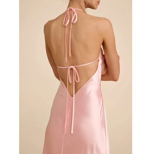 NEW Lulus Magnificence Blush Pink Glossy Satin Backless Halter Maxi Dress Large - Image 3