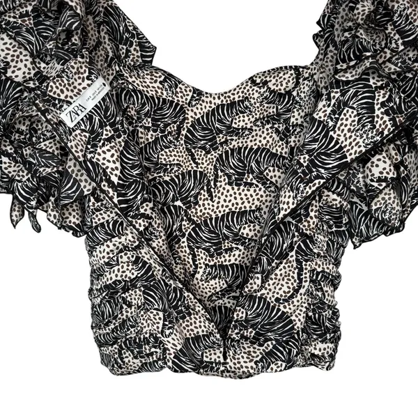 ZARA Blouse Small Tiger Animal‎ Print Ruffle Square Neck Ruched Statement RARE - Image 6