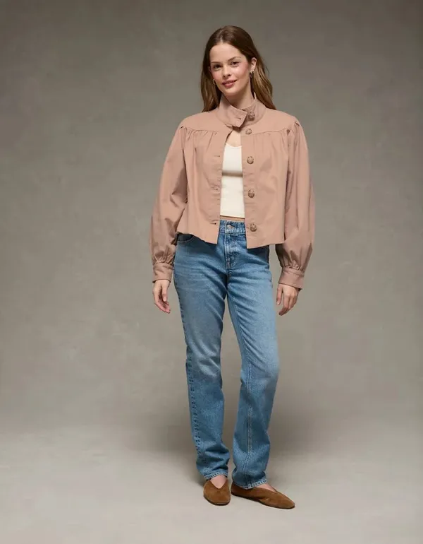 American Eagle Real Good Twill Swing Jacket Rose Pink Mock Neck Size Medium NWT - Image 6
