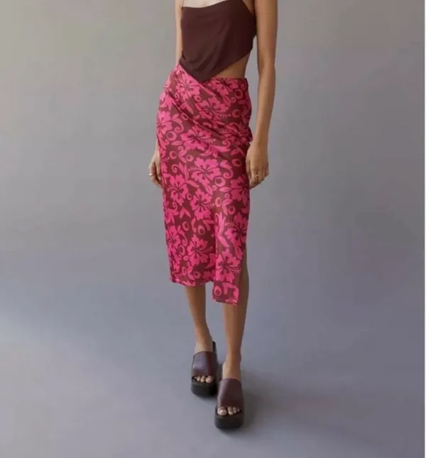 Urban Outfitters Pink and Brown Patterned Satin Slip Midi Skirt with Slit - Image 2
