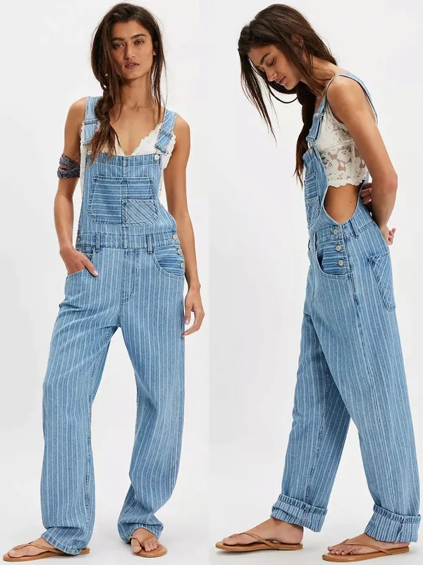 Free People XL Ziggy Striped Overalls in Beachcomber Railroad Bohemian Coastal - Image 2
