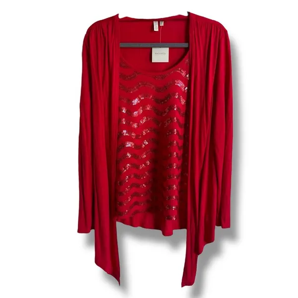 Madison Womens Top Sz‎ XL Red Sequined Cardigan Look Flowy Knit NEW with Tags - Image 2