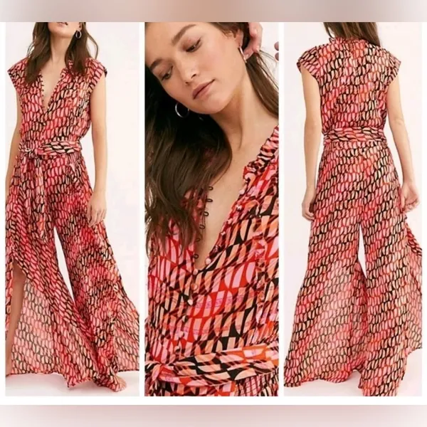 Free People Sahara Jumpsuit In Orange/Pink Abstract Print Wide Leg Boho Gypsy S - Image 2