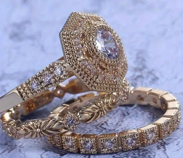 &merci Women’s Golden Cubic Zirconia Geometry Shape 3 Piece Ring Set Size 6 - Image 3